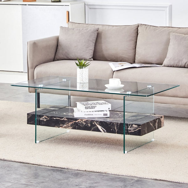 English Elm Rectangular Two Tier Glass Coffee Table with Marble Shelf for Modern Living Rooms W2920P226071