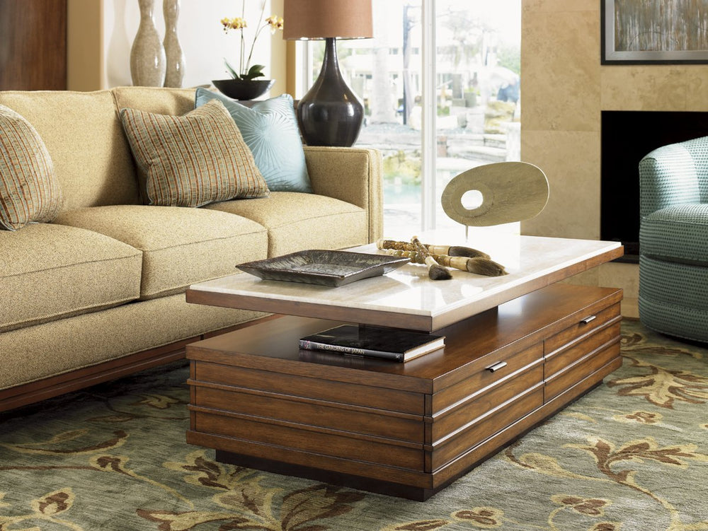 Lexington Solstice Stone Top Cocktail Table with Rattan Accents for Coastal Living Rooms 536-953N
