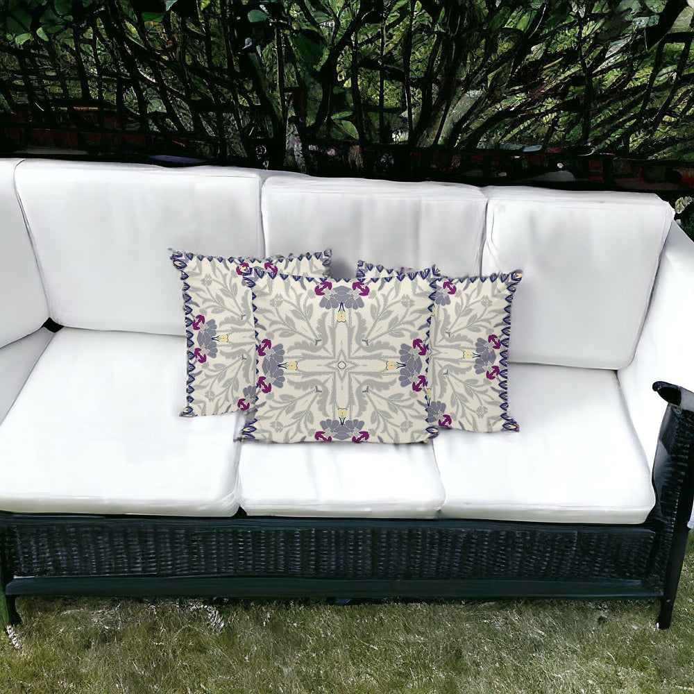 Homeroots Set Of Three 16" X 16" Gray And Purple Blown Seam Floral Indoor Outdoor Throw Pillow  Polyester 536027