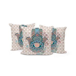 HomeRoots Set of Three 16" x 16" Hamsa Throw Pillows in Blue & Orange – Vibrant Indoor/Outdoor Decor Accents 536028