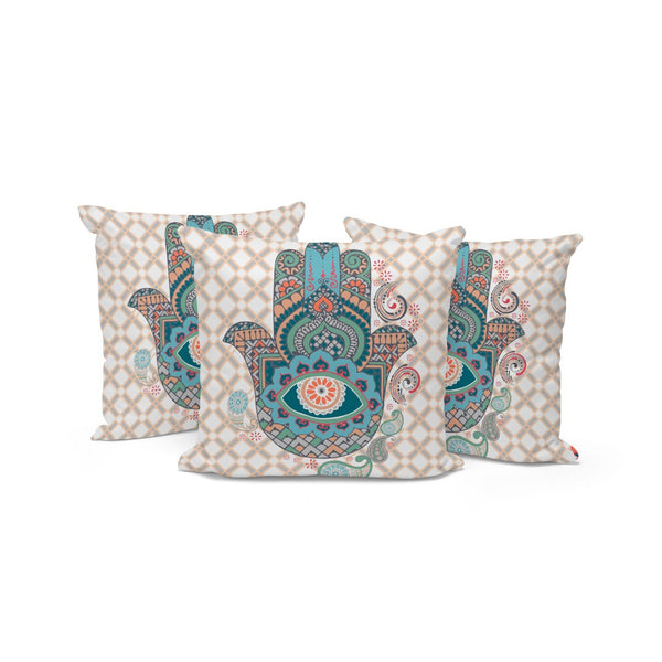HomeRoots Set of Three 16" x 16" Hamsa Throw Pillows in Blue & Orange – Vibrant Indoor/Outdoor Decor Accents 536028
