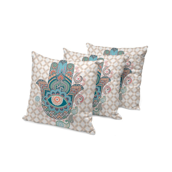 HomeRoots Set of Three 16" x 16" Hamsa Throw Pillows in Blue & Orange – Vibrant Indoor/Outdoor Decor Accents 536028