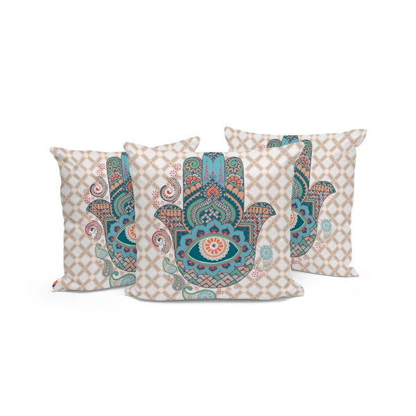 HomeRoots Set of Three 16" x 16" Hamsa Throw Pillows in Blue & Orange – Vibrant Indoor/Outdoor Decor Accents 536028