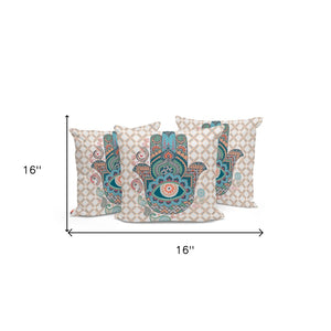 HomeRoots Set of Three 16" x 16" Hamsa Throw Pillows in Blue & Orange – Vibrant Indoor/Outdoor Decor Accents 536028