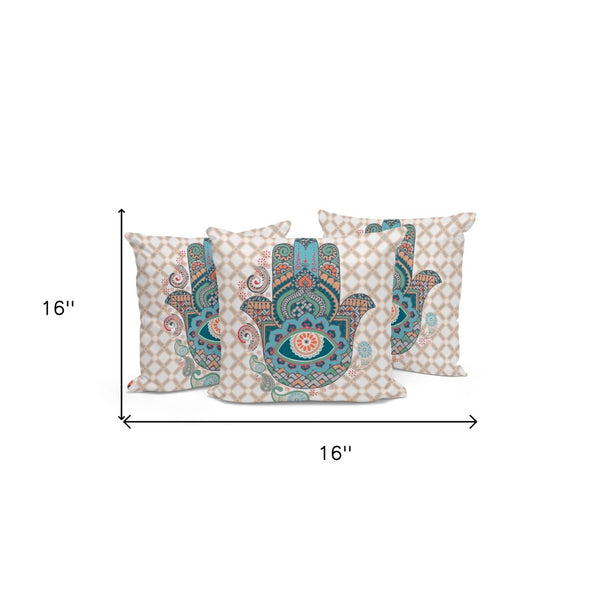 HomeRoots Set of Three 16" x 16" Hamsa Throw Pillows in Blue & Orange – Vibrant Indoor/Outdoor Decor Accents 536028