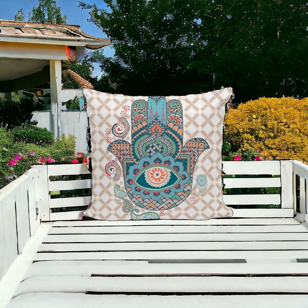 HomeRoots Set of Three 16" x 16" Hamsa Throw Pillows in Blue & Orange – Vibrant Indoor/Outdoor Decor Accents 536028