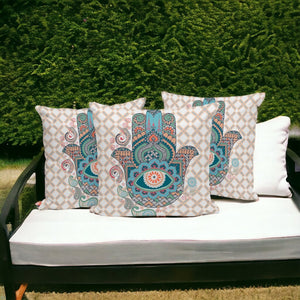 HomeRoots Set of Three 16" x 16" Hamsa Throw Pillows in Blue & Orange – Vibrant Indoor/Outdoor Decor Accents 536028