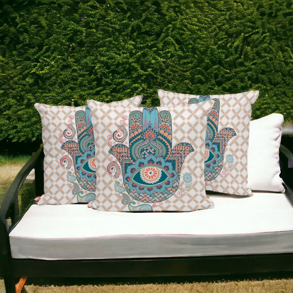 HomeRoots Set of Three 16" x 16" Hamsa Throw Pillows in Blue & Orange – Vibrant Indoor/Outdoor Decor Accents 536028