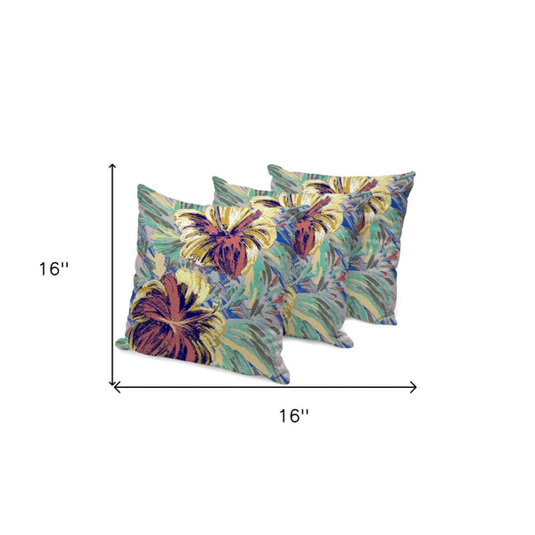 HomeRoots Set of Three Vibrant 16" Green & Yellow Floral Throw Pillows for Stylish Indoor/Outdoor Use 536044