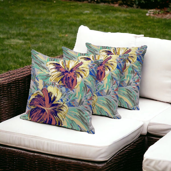 HomeRoots Set of Three Vibrant 16" Green & Yellow Floral Throw Pillows for Stylish Indoor/Outdoor Use 536044
