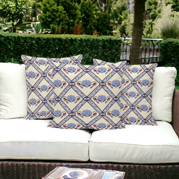 Homeroots Set Of Three 16" X 16" Blue And Brown Peacock Blown Seam Floral Indoor Outdoor Throw Pillow  Polyester 536046