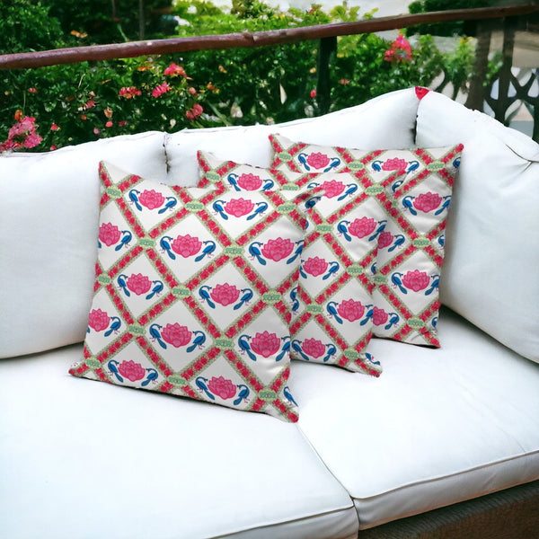 HomeRoots Set of Three 16" Pink & White Peacock Floral Throw Pillows for Indoor & Outdoor Decor Style 536052