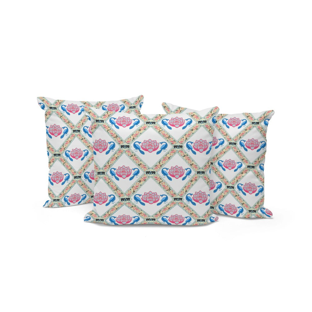 HomeRoots Set of Three Blue and White Peacock Floral Throw Pillows – Stylish Indoor/Outdoor Cushions for Elegance 536054