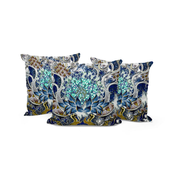 Homeroots Set Of Three 16" X 16" Blue And Green Blown Seam Floral Indoor Outdoor Throw Pillow  Polyester 536058