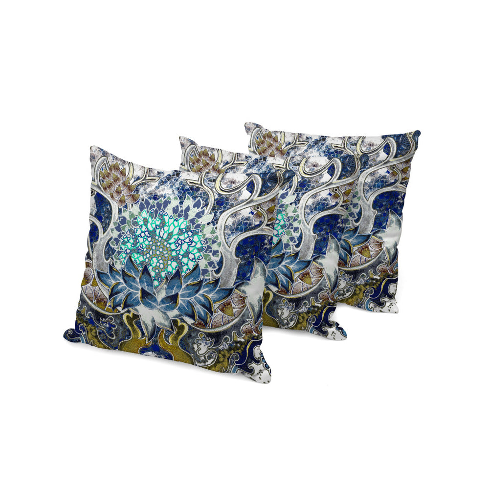 Homeroots Set Of Three 16" X 16" Blue And Green Blown Seam Floral Indoor Outdoor Throw Pillow  Polyester 536058