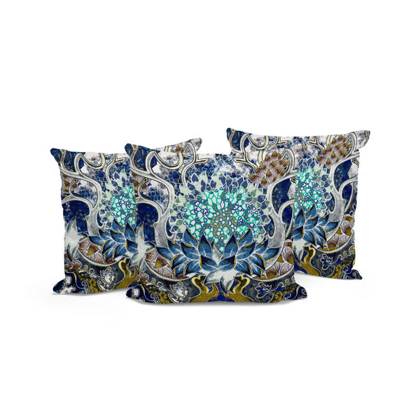Homeroots Set Of Three 16" X 16" Blue And Green Blown Seam Floral Indoor Outdoor Throw Pillow  Polyester 536058