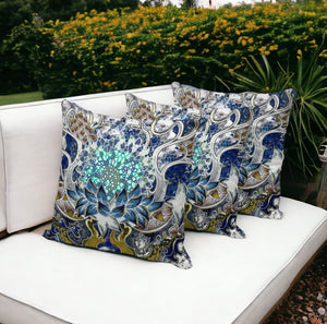 Homeroots Set Of Three 16" X 16" Blue And Green Blown Seam Floral Indoor Outdoor Throw Pillow  Polyester 536058