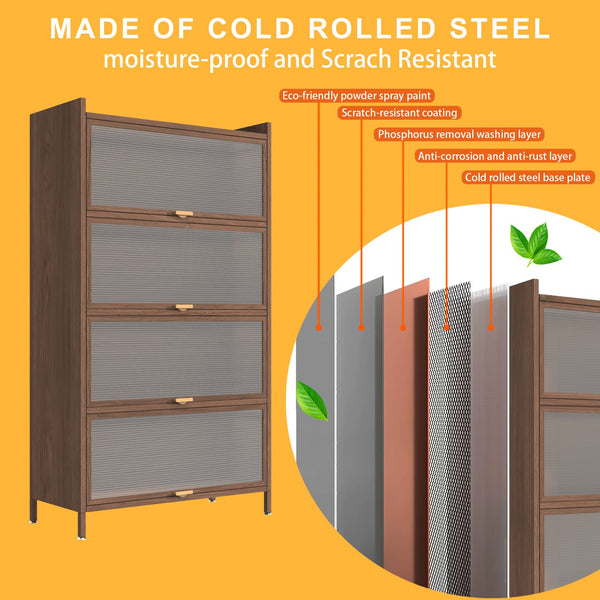 English Elm 57'' Tall Metal 4 Flip Doors Cabinet Walnut - Durable Steel, Space-Saving 4-Tier Storage for Home & Office W3387P363520