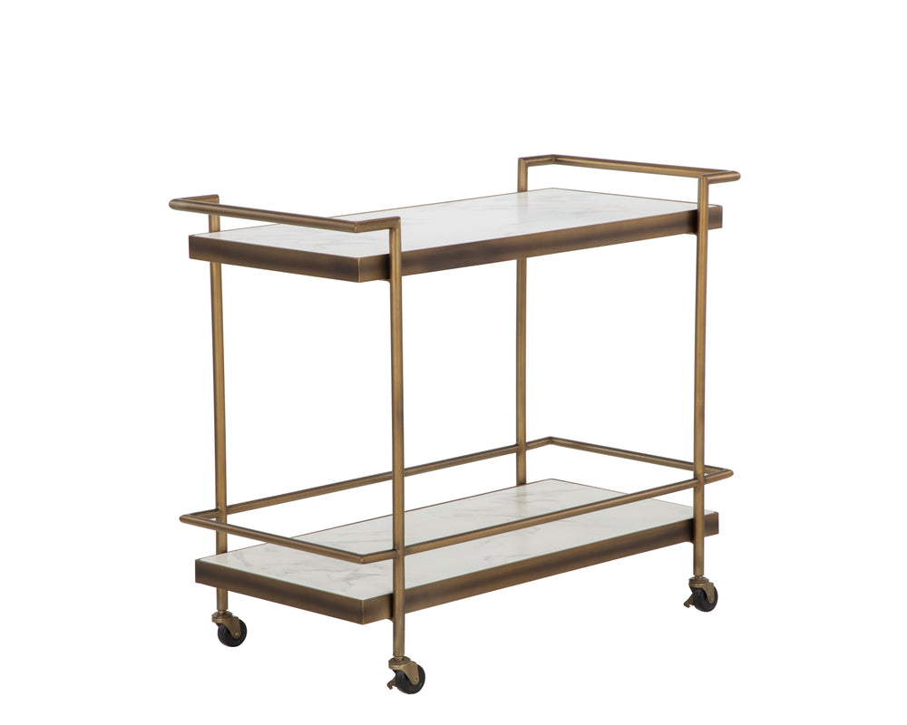 Sunpan Contardi Bar Cart - Elegant Rustic Bronze Frame with Marble-Look Concrete Shelves for Indoor/Outdoor Use
