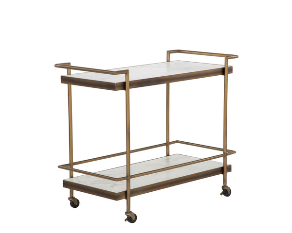 Sunpan Contardi Bar Cart - Elegant Rustic Bronze Frame with Marble-Look Concrete Shelves for Indoor/Outdoor Use