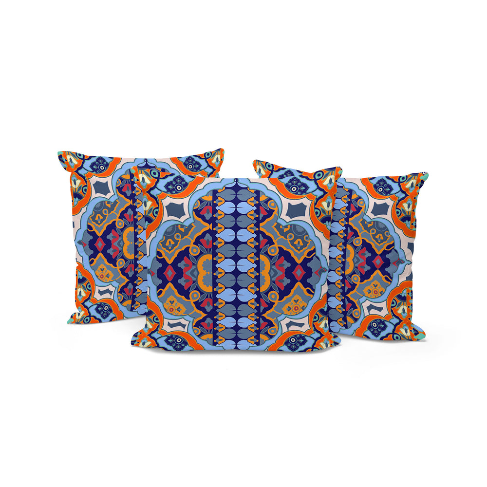 Homeroots Set Of Three 16" X 16" Blue And Orange Blown Seam Floral Indoor Outdoor Throw Pillow  Polyester 536066