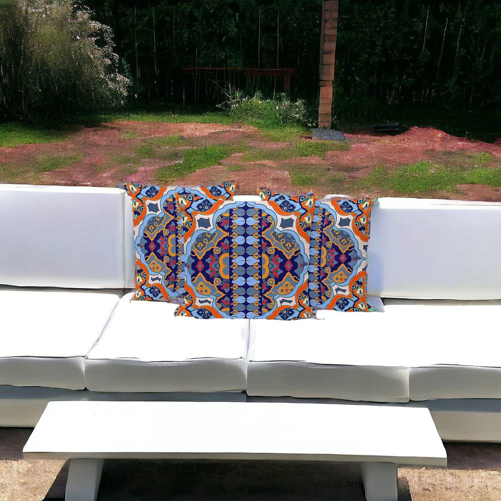 Homeroots Set Of Three 16" X 16" Blue And Orange Blown Seam Floral Indoor Outdoor Throw Pillow  Polyester 536066