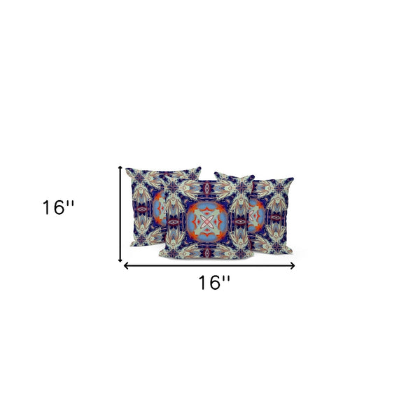 Homeroots Set Of Three 16" X 16" Blue And Orange Blown Seam Floral Indoor Outdoor Throw Pillow  Polyester 536083