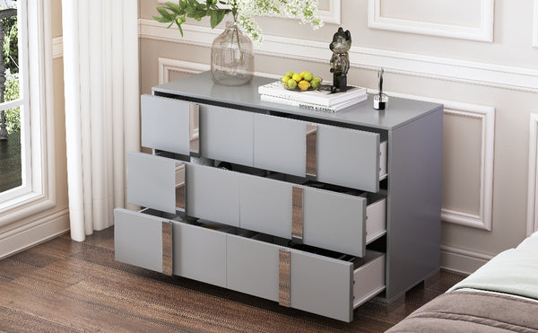 English Elm Elegant Mirrored Dresser with Metal Feet and 6 Spacious Drawers for Organized, Modern Living Spaces Gray 54.25 L x 20.75 W x 8.5 H N733P307943G