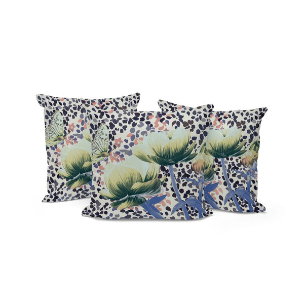 HomeRoots Set of Three Floral Butterfly Throw Pillows - 16" x 16" Indoor/Outdoor Decor in Blue & Green 536139