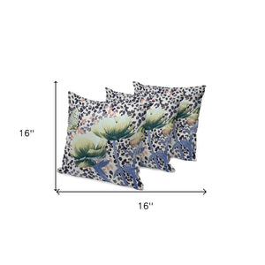 HomeRoots Set of Three Floral Butterfly Throw Pillows - 16" x 16" Indoor/Outdoor Decor in Blue & Green 536139