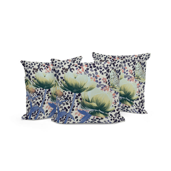 HomeRoots Set of Three Floral Butterfly Throw Pillows - 16" x 16" Indoor/Outdoor Decor in Blue & Green 536139