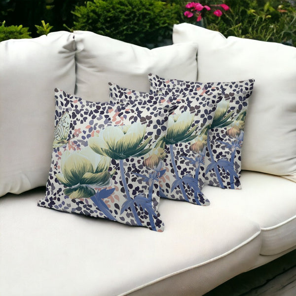 HomeRoots Set of Three Floral Butterfly Throw Pillows - 16" x 16" Indoor/Outdoor Decor in Blue & Green 536139