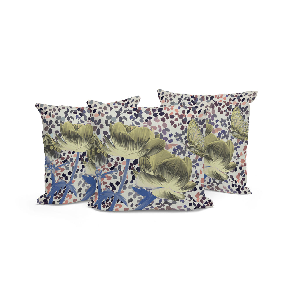 Homeroots Set Of Three 16" X 16" Blue And Yellow Butterfly Blown Seam Floral Indoor Outdoor Throw Pillow  Polyester 536140