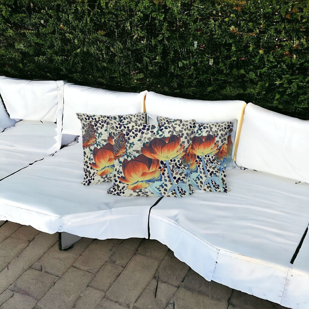 HomeRoots Set of Three Decorative 16" Blue & Orange Butterfly Floral Throw Pillows for Indoor/Outdoor Use 536142