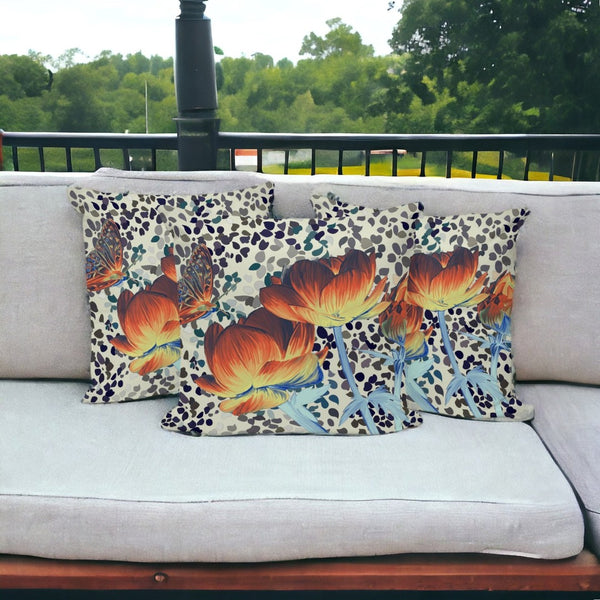HomeRoots Set of Three Decorative 16" Blue & Orange Butterfly Floral Throw Pillows for Indoor/Outdoor Use 536142