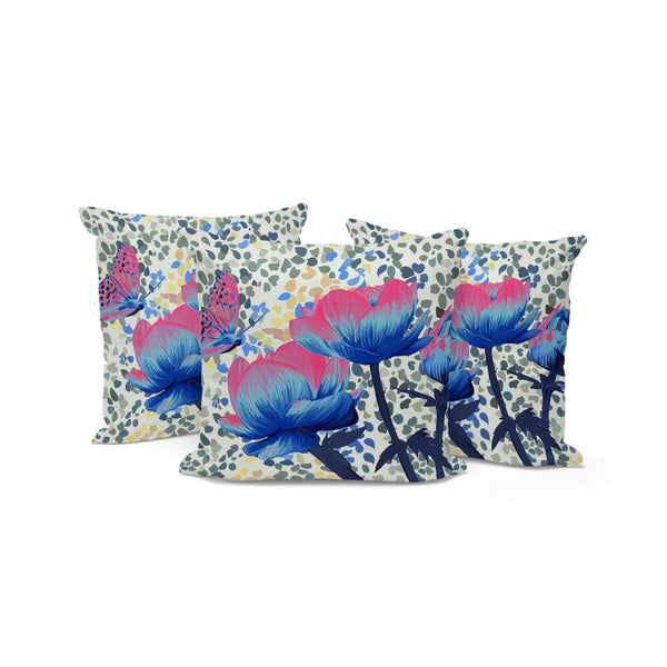 HomeRoots Set of Three 16" X 16" Butterfly Floral Throw Pillows - Vibrant Blue & Pink for Indoor/Outdoor Decor 536146