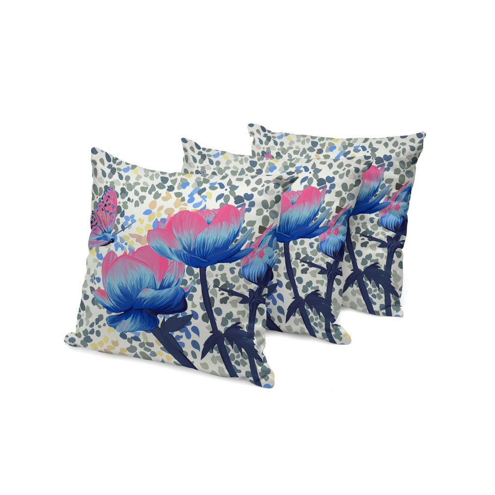 HomeRoots Set of Three 16" X 16" Butterfly Floral Throw Pillows - Vibrant Blue & Pink for Indoor/Outdoor Decor 536146