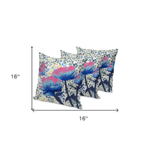 HomeRoots Set of Three 16" X 16" Butterfly Floral Throw Pillows - Vibrant Blue & Pink for Indoor/Outdoor Decor 536146