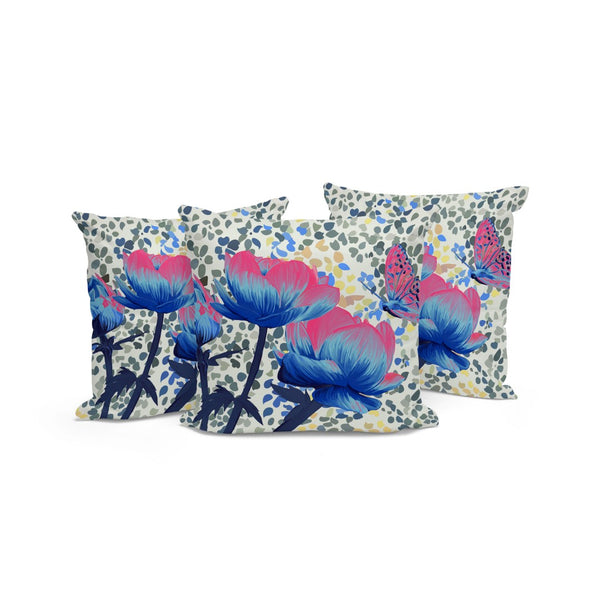 HomeRoots Set of Three 16" X 16" Butterfly Floral Throw Pillows - Vibrant Blue & Pink for Indoor/Outdoor Decor 536146