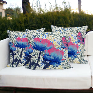 HomeRoots Set of Three 16" X 16" Butterfly Floral Throw Pillows - Vibrant Blue & Pink for Indoor/Outdoor Decor 536146