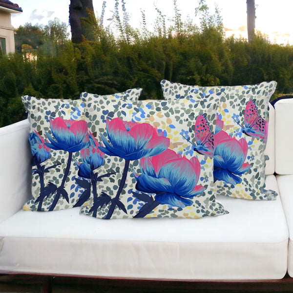 HomeRoots Set of Three 16" X 16" Butterfly Floral Throw Pillows - Vibrant Blue & Pink for Indoor/Outdoor Decor 536146