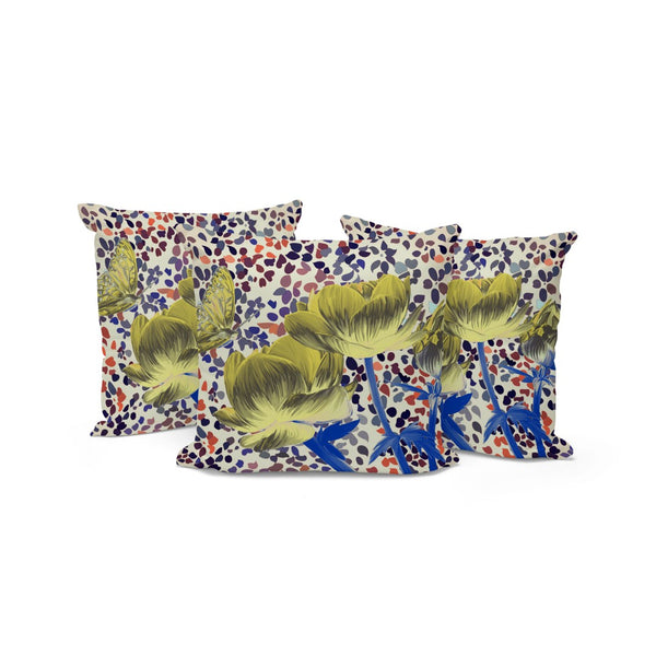 HomeRoots Set of Three Vibrant Blue & Yellow Butterfly Floral Throw Pillows for Indoor/Outdoor Use 536148