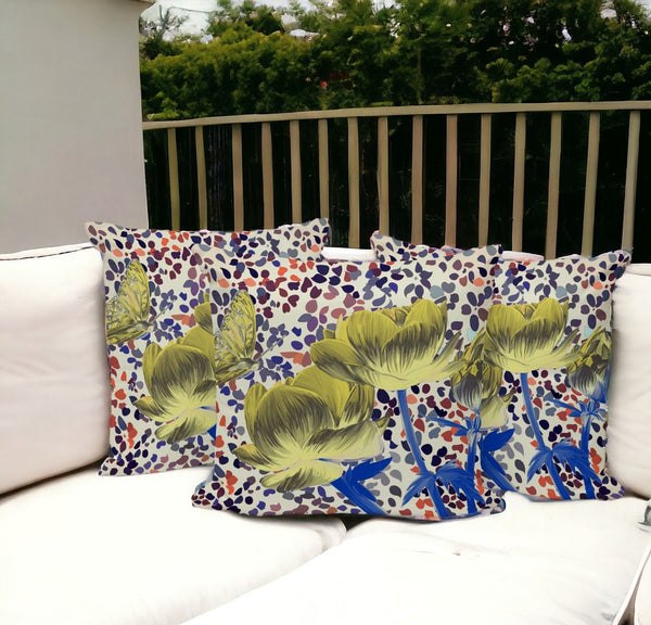 HomeRoots Set of Three Vibrant Blue & Yellow Butterfly Floral Throw Pillows for Indoor/Outdoor Use 536148