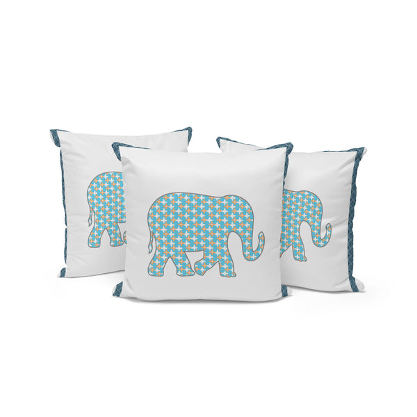 Homeroots Set Of Three 16" X 16" Blue And White Elephant Blown Seam Animal Print Indoor Outdoor Throw Pillow  Polyester 536155