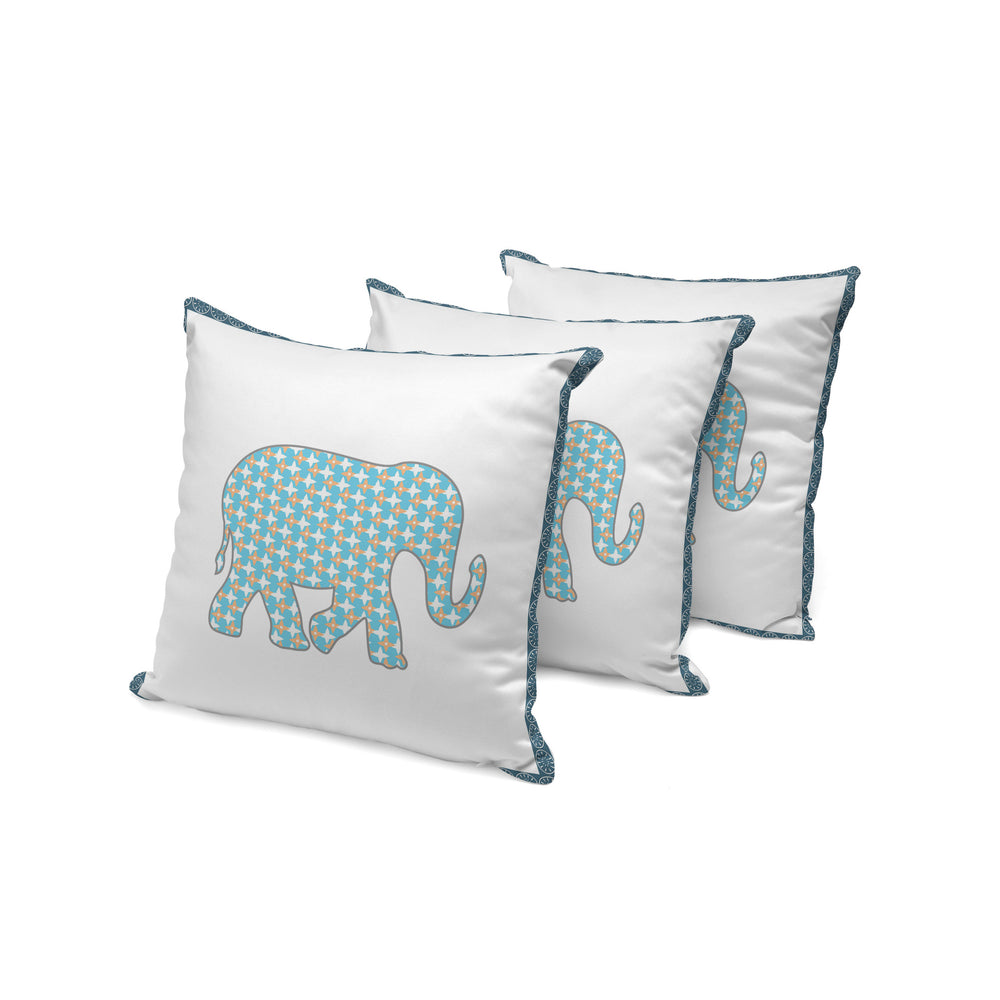 Homeroots Set Of Three 16" X 16" Blue And White Elephant Blown Seam Animal Print Indoor Outdoor Throw Pillow  Polyester 536155