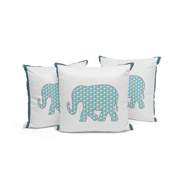 Homeroots Set Of Three 16" X 16" Blue And White Elephant Blown Seam Animal Print Indoor Outdoor Throw Pillow  Polyester 536155