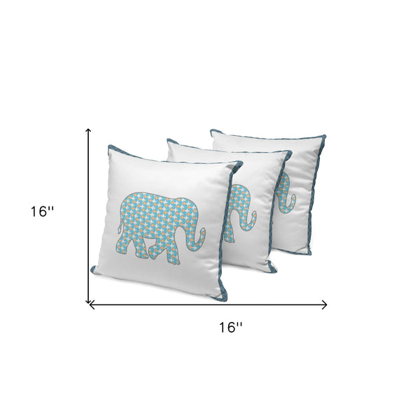 Homeroots Set Of Three 16" X 16" Blue And White Elephant Blown Seam Animal Print Indoor Outdoor Throw Pillow  Polyester 536155