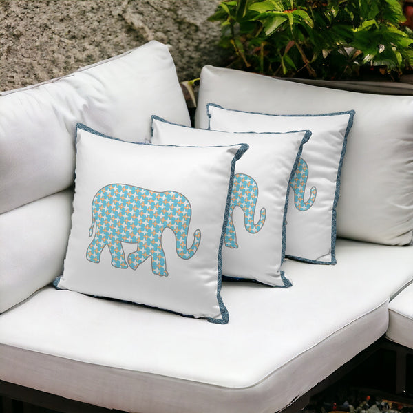 Homeroots Set Of Three 16" X 16" Blue And White Elephant Blown Seam Animal Print Indoor Outdoor Throw Pillow  Polyester 536155