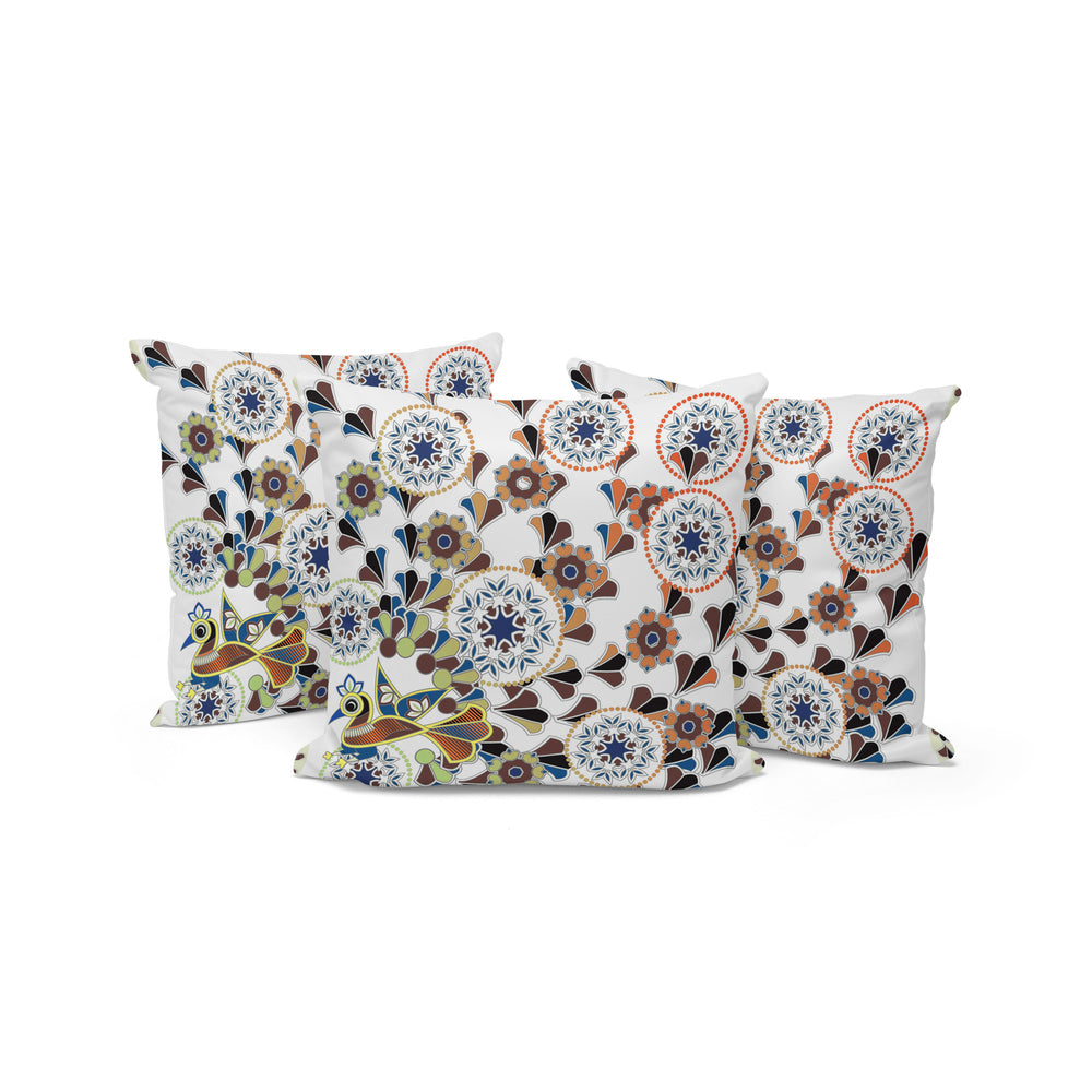 Homeroots Set Of Three 16" X 16" Blue And Off White Peacock Blown Seam Floral Indoor Outdoor Throw Pillow  Polyester 536164