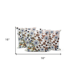 HomeRoots Set of Three 16" Peacock Floral Indoor Outdoor Throw Pillows - Chic Blue & Off-White Design, Durable 536164